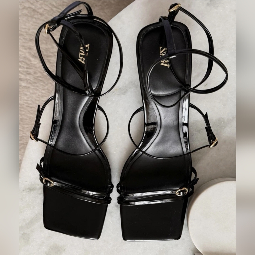 Zara Black Patent Strappy Lace-Up Sandals with Gold Buckles